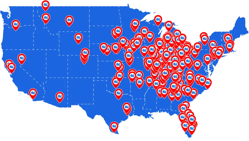 PowerKleen United States service coverage map showing nationwide locations for commercial floor cleaning equipment sales, service, and support.