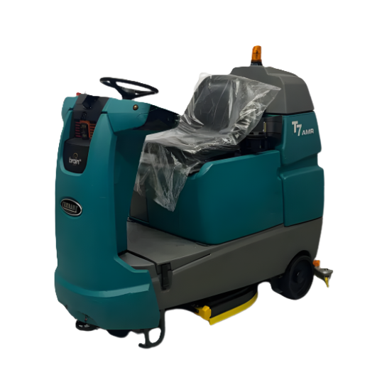 PowerKleen Tennant T7 AMR ride-on floor scrubber isolated on a transparent background for large industrial and commercial floor cleaning operations.