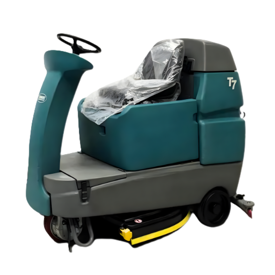 PowerKleen Tennant T7 ride-on floor scrubber isolated on a transparent background for commercial and industrial cleaning applications.